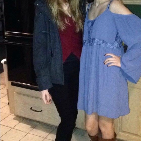 Blue boho flowy mini off the shoulder tank DRESS - Picture 2 of 7